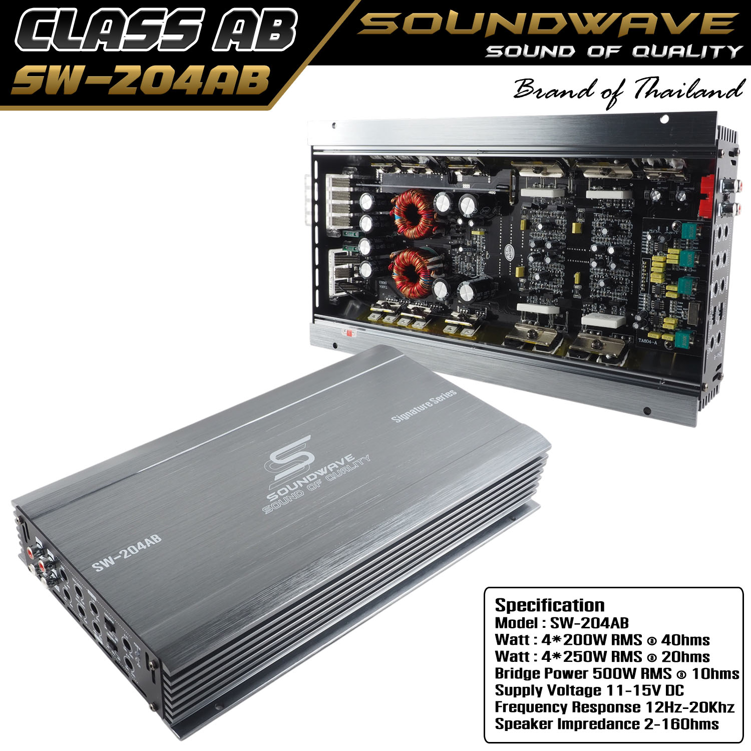 SOUNDWAVE SW-204AB เพาเวอร์แอมป์ 4 ชาแนล Class AB กำลังขับสูง เสียงใส รายละเอียดดี ขับกลางแหลมได้ครบ